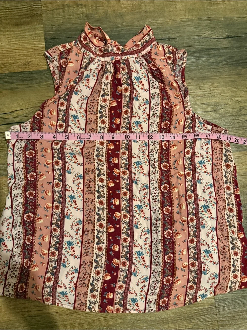 ANDREE BY UNIT Sleeveless Pink and Burgundy Floral Stripe Peasant Top